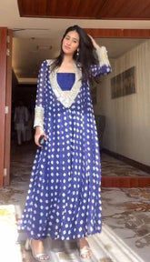 Stylish Blue Digital-Printed Chinon Kurta Set with Mirror Work Free Size Blouse & Pants